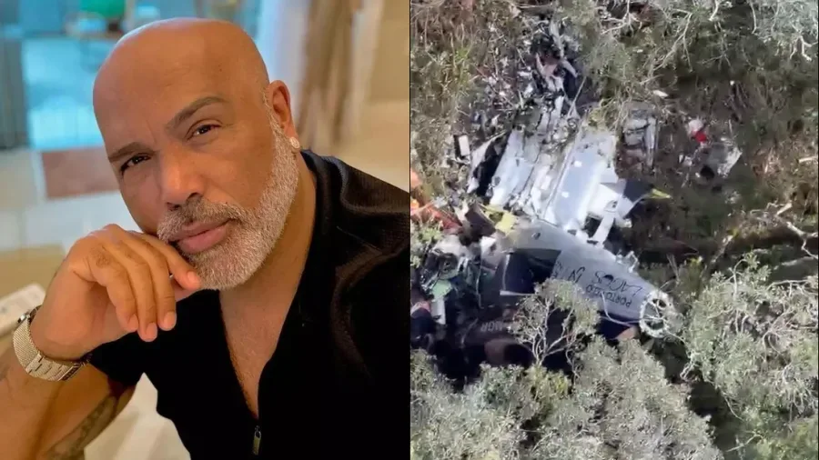 Montagem reúne Rick e os destroços do helicóptero localizado na Serra Catarinense.